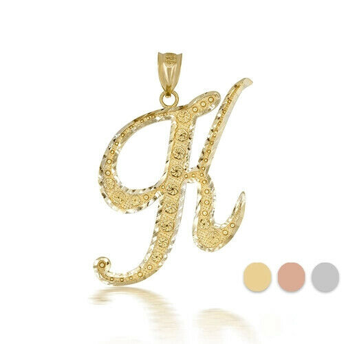 10k Solid Yellow Gold Cursive Initial Letter K Pendant Necklace