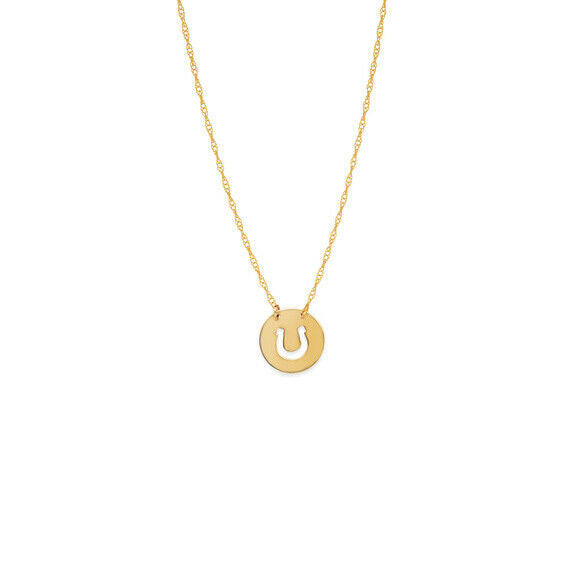 14K Solid Gold Mini Disk Horse Shoe Dainty Necklace - Minimalist Yellow 16"-18"
