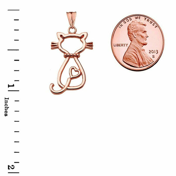Solid 14k Rose Gold Openwork Backwards Cat Pendant Necklace