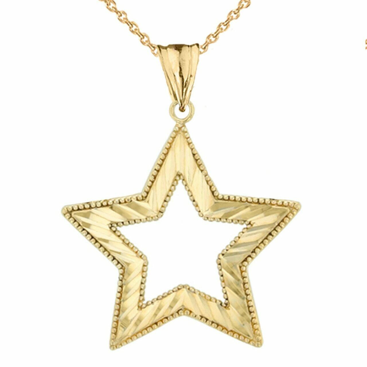Solid 14k In Yellow Gold Chic Sparkle Cut Star Pendant Necklace