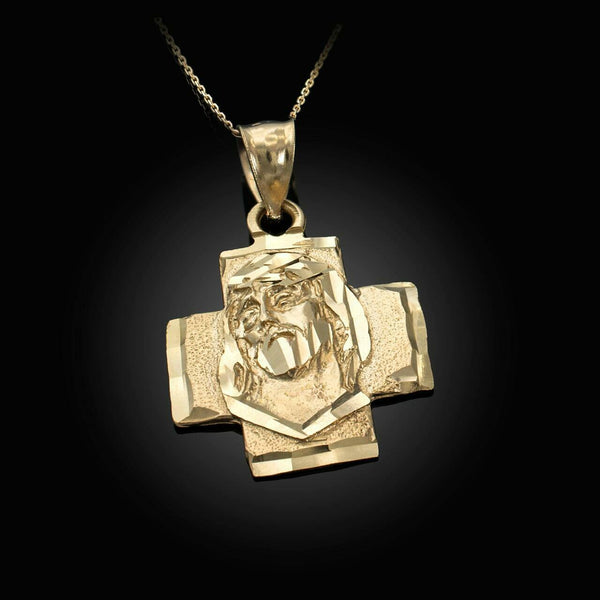 10K Solid Gold Jesus Face On a Cross Pendant Necklace