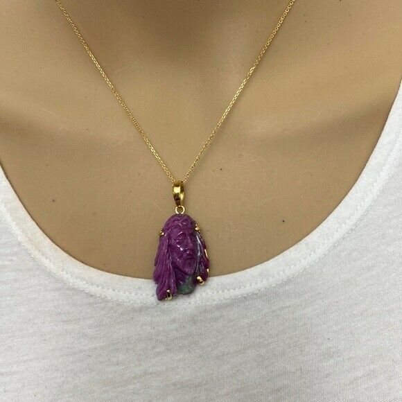 14K Real Solid Gold Natural Ruby Carved Jesus Christ Head Pendant Charm