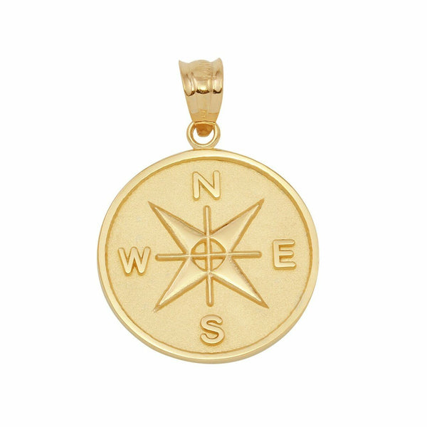10k Yellow Gold North South East West Compass Travel Medallion Pendant Necklace