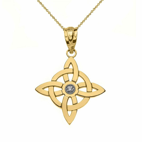 Solid 10k Yellow Gold Single Diamond Wiccan Witch's Knot Pagan Pendant Necklace