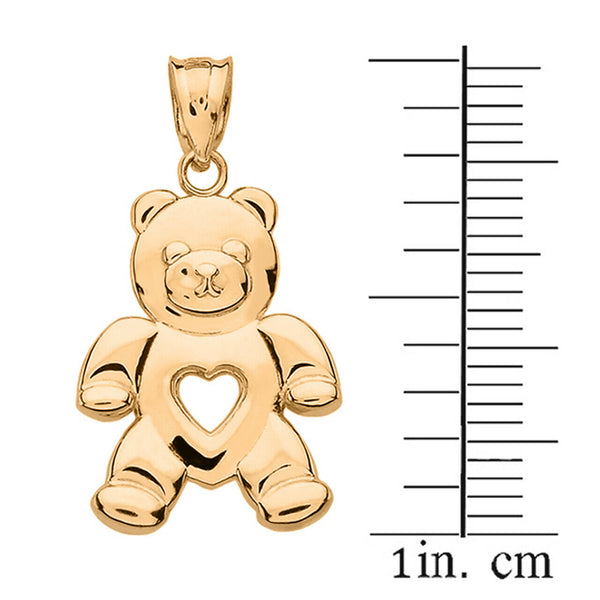 10K Solid Gold Open Heart Love Bear Pendant Necklace - Yellow, Rose, or White