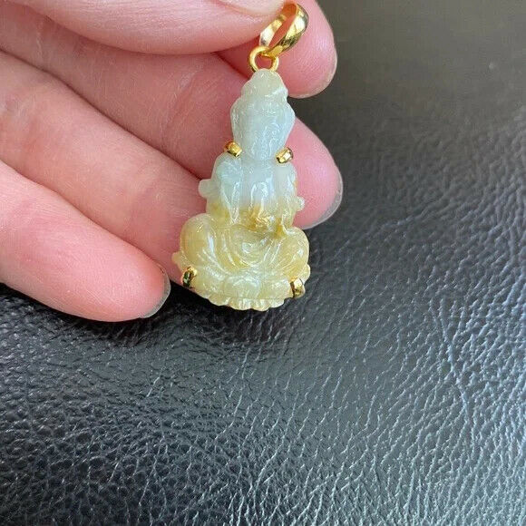 14K Solid Gold Kwan Yin Guanyin Female Buddha Natural Jade Pendant Necklace