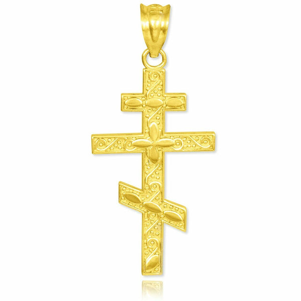 14k Solid Real Yellow Gold Russian Orthodox Cross Pendant Necklace