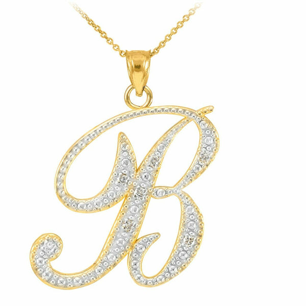 14k Solid Yellow Gold Diamonds Initial Script Letter B Pendant Necklace