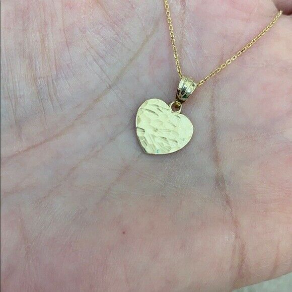 10k Yellow Gold Hammered Mini Small Heart Pendant Necklace