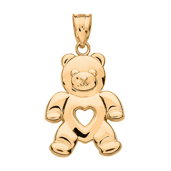 10K Solid Gold Open Heart Love Bear Pendant Necklace - Yellow, Rose, or White