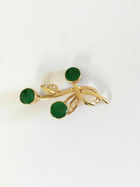 14K Solid Yellow Gold Round Green Jade Brooch Pin