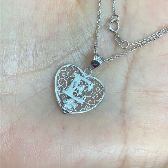 925 Sterling Silver Filigree Heart CZ Initial Letter E Pendant Necklace
