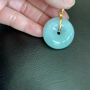 14K Solid Fine Real Yellow Gold Round Donut Natural Jadeite Jade Pendant