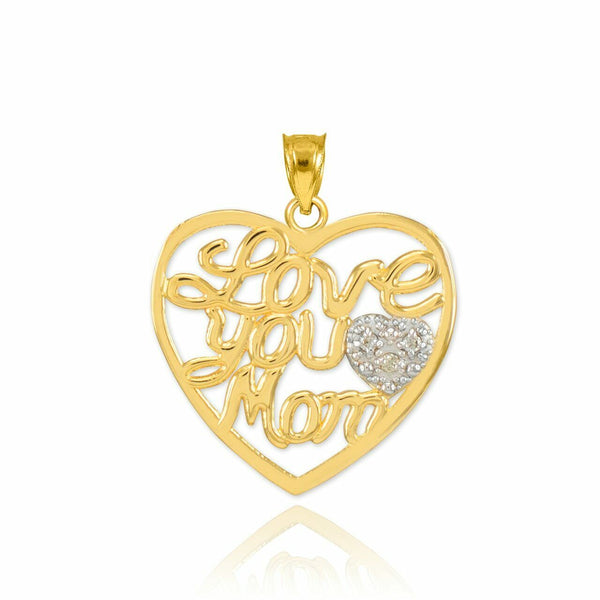 14K Gold Diamond Pave Heart " Love You Mom " Pendant Necklace Mother's Day Gifts