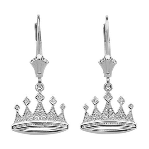 925 Sterling Silver Filigree Royal Crown Drop/Dangle Leverback Earrings