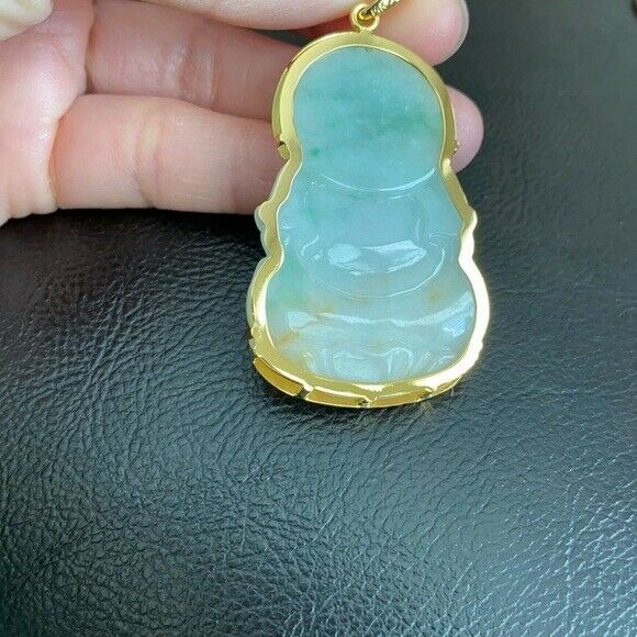 14K Solid Real Gold Natural Jadeite Jade A Kwan Yin Lady Buddha Pendant