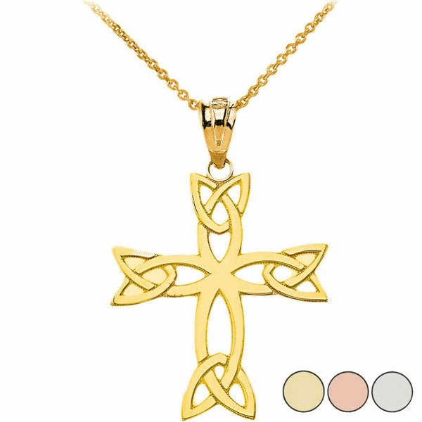 Solid Yellow Gold 10K Celtic Trinity Cross Charm Pendant Necklace