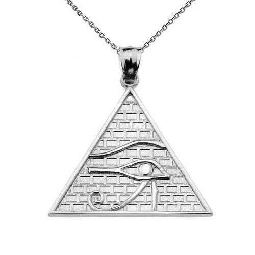 14k Solid White Gold Egyptian Pyramid Eye of Horus Pendant Necklace (13 Steps)