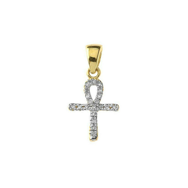 10k Solid Yellow Gold Mini Diamond Ankh Cross Pendant Necklace - Minimalist