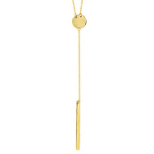 14K Solid Yellow Gold Bar Dis/Dics Dangle Lariat Necklace adjustable 16"-18"