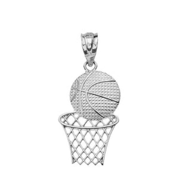 925 Sterling Silver Textured Basketball Hoop Sport Pendant Necklace -Made In USA