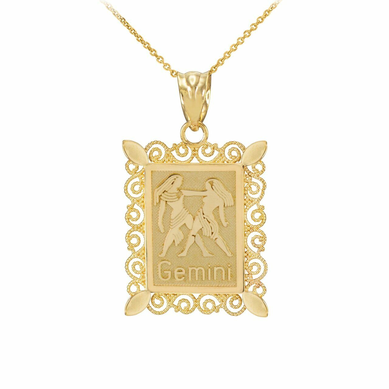 14k Solid Gold Gemini Zodiac Sign Filigree Rectangular Pendant Necklace