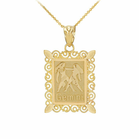 14k Solid Gold Gemini Zodiac Sign Filigree Rectangular Pendant Necklace