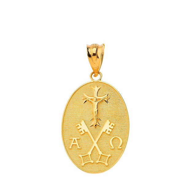 Solid 14k Gold Jesus Christ Alpha and Omega Keys of Heaven Pendant Necklace