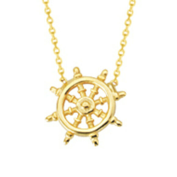 14K Solid Yellow Gold Mini Ship Wheel Necklace Adjustable 16"-18"
