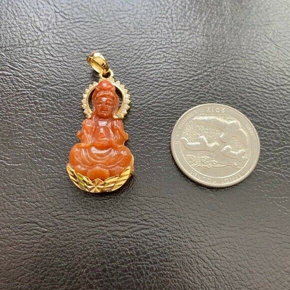 14K Solid Real Gold Natural Jadeite Red Jade Kwan Yin Lady Buddha Pendant