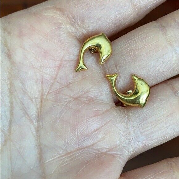 14K Solid Yellow Gold Dolphin Stud Earrings