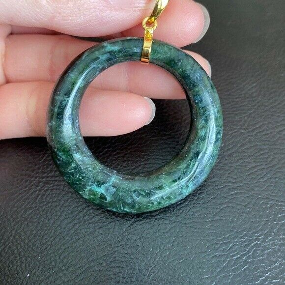 14K Solid Gold Green Large Round Natural Jade Pendant Necklace