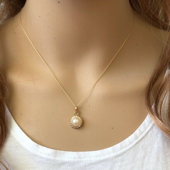14K Solid Gold Mini Pearl CZ Pendant Dainty Necklace - Minimalist 16"-18"