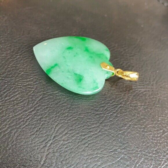 14K Solid Yellow Gold Large Heart Green Jade Pendant Charm