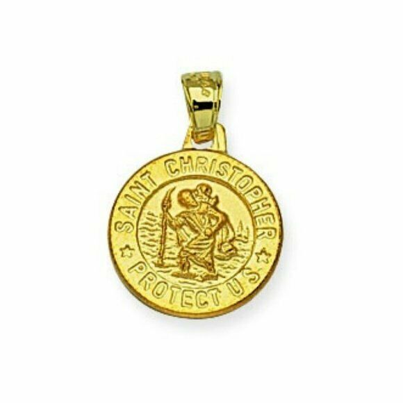 Solid 14k Real Yellow Gold Saint St. Christopher Medal Round Pendant Charm