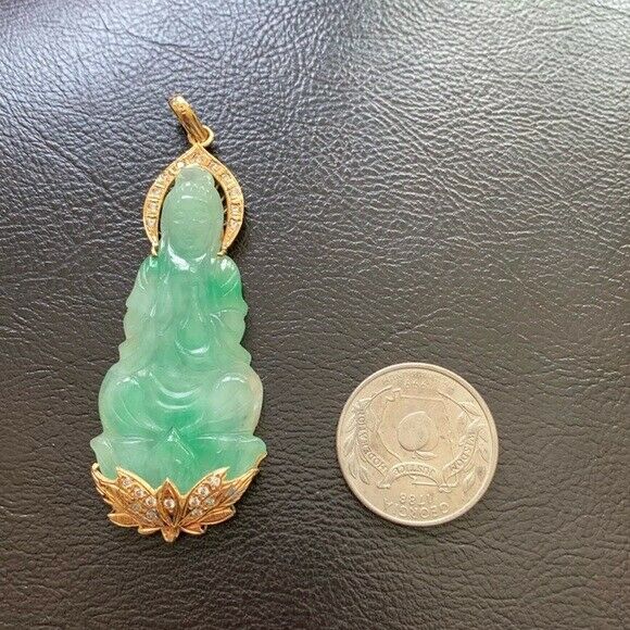 14K Solid Gold Guanyin Kwan Yin Female Buddha Jade Pendant Large Female