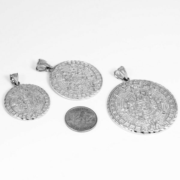 10K White Gold Aztec Mayan Mexico Sun Calendar Pendant - Small, Medium, Large