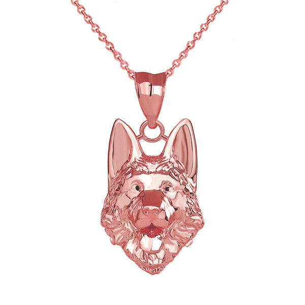 Solid Gold Dog German Shepherd Head Detailed Face Pendant Necklace