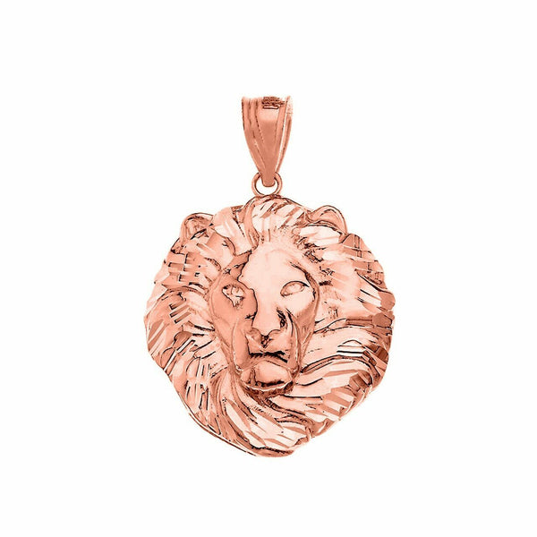 14K Solid Fine Rose Gold Men's Textured Lion Head Small Pendant Necklace