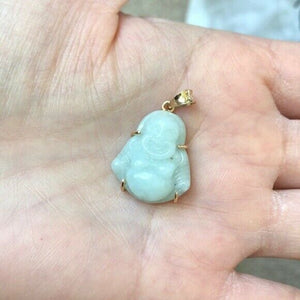 Small 18K Solid Gold Happy Laughing Buddha Natural Off White Jade Pendant -605