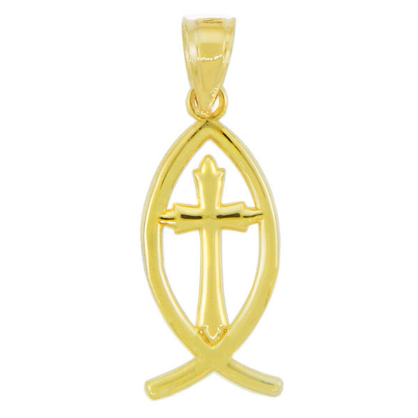 14k Solid Gold Christian Cross Charm Jesus Christ Ichthus Fish Pendant Necklace
