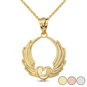 14k Solid Gold Winged Heart with Star Crescent Islam Sufi Order Pendant Necklace