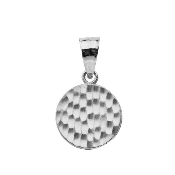 Solid 14k White Gold Mini Hammered Round Small Disk Disc Pendant Necklace