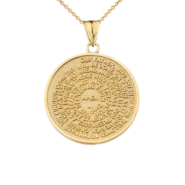 14k Solid Yellow Gold The Lord's Prayer Medallion Pendant Necklace