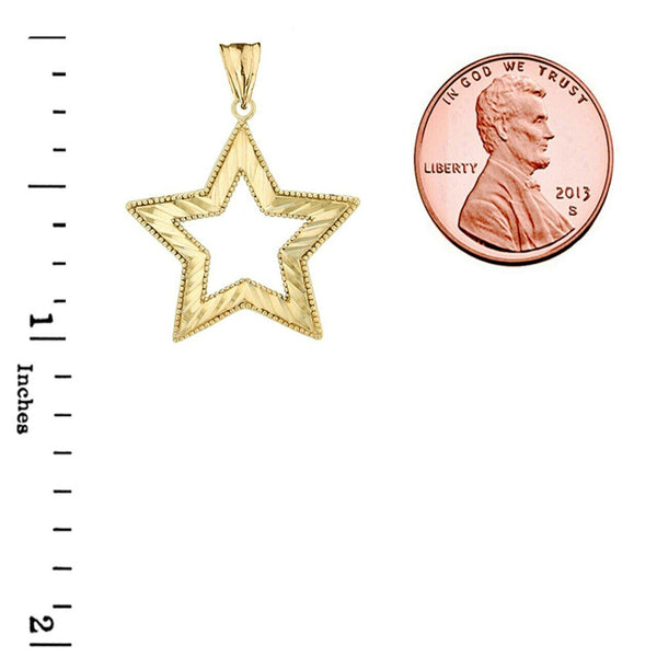 Solid 14k In Yellow Gold Chic Sparkle Cut Star Pendant Necklace
