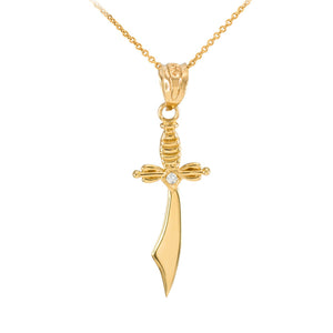 10K Solid Gold Arabian Scimitar Barbarian Sword Diamond Pendant Necklace