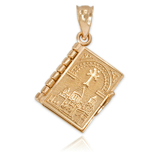 10k Solid Yellow Gold 3D Armenian Holy Bible Book Lords Prayer Pendant Necklace