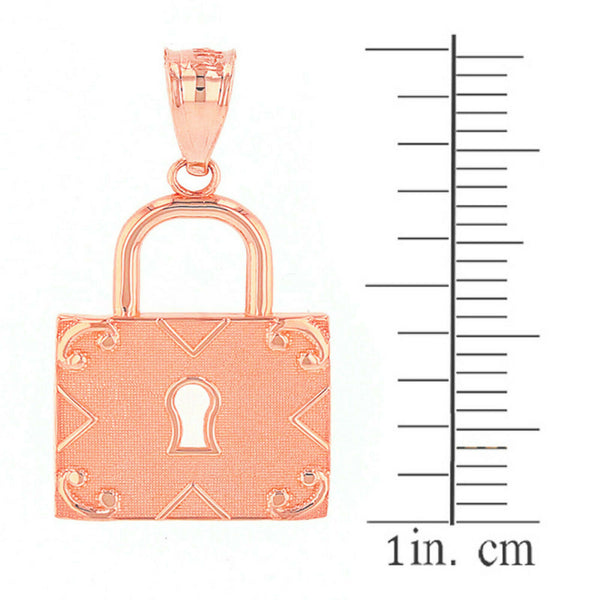 14K Solid Gold Swirl Rectangle Keyhole Padlock Pendant Necklace