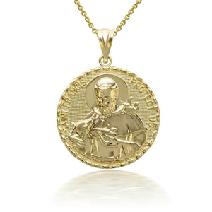 14k Solid Gold 3D Saint Francis Protect Us Pendant Necklace