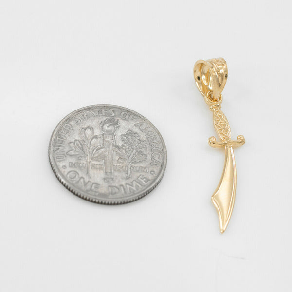 14K Solid Gold Scimitar Sword Detailed Handle Pendant Necklace